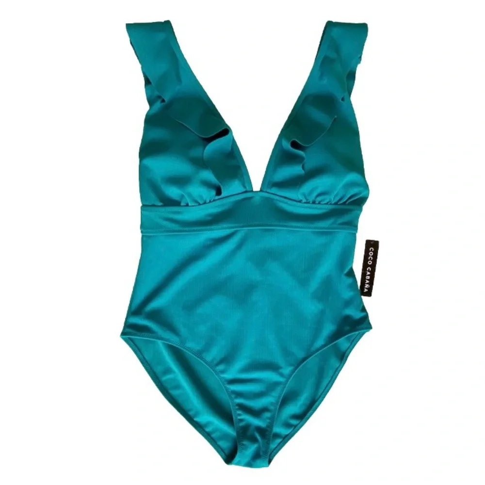 🆕 Coco Cabaña Swimsuit Women’s XL Teal Blue Ruffle V-Neck One Piece Bathing Suit
